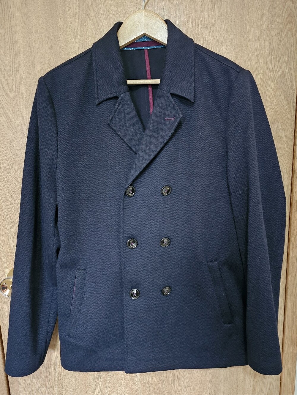 Ted Baker London Men’s Pea Coat Overcoat Navy Blue Chevron Size 4 Large
